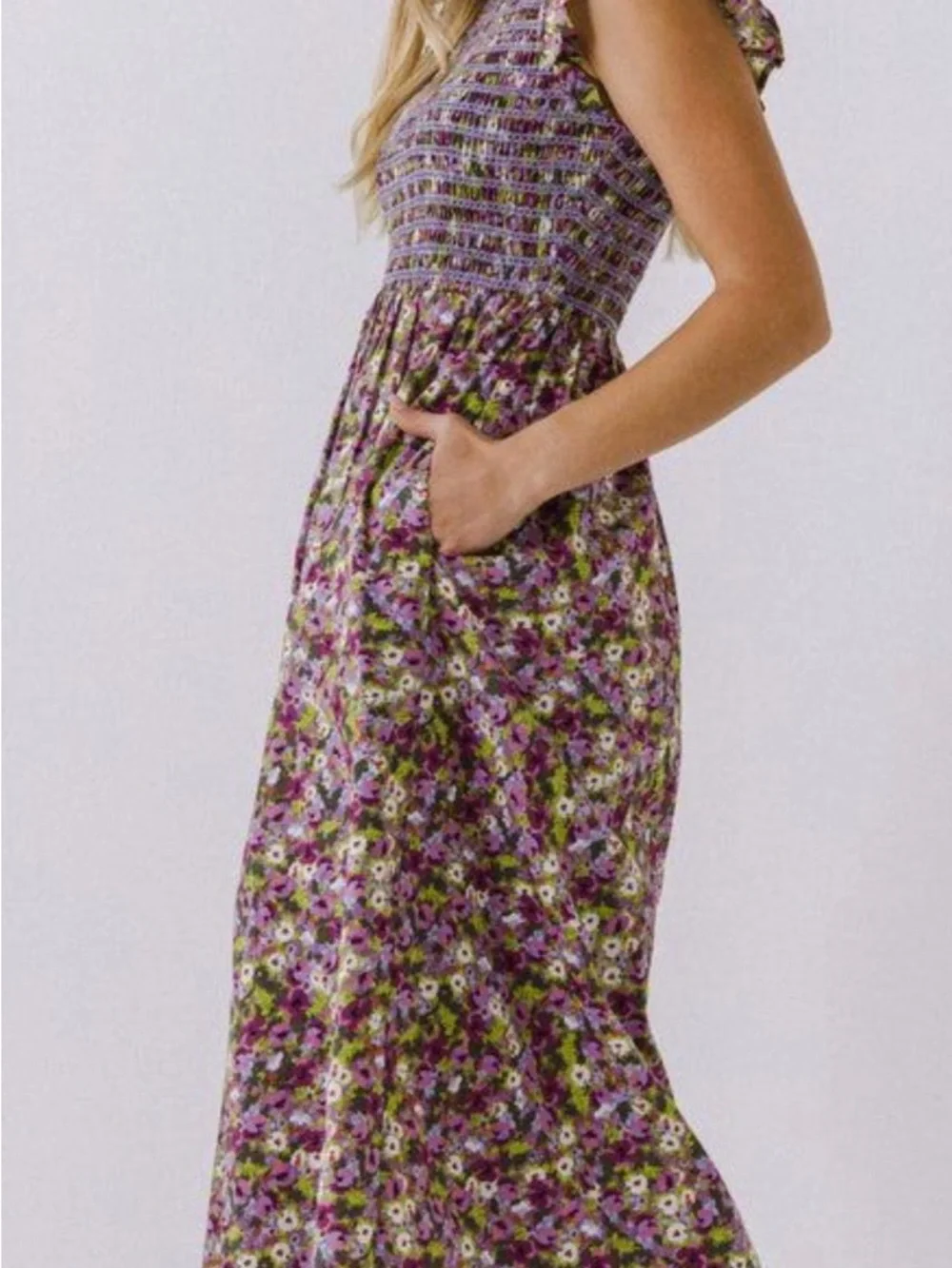 NWT English Factory Floral Smocked Midi Dress - XS purple multi - Picture 3 of 8